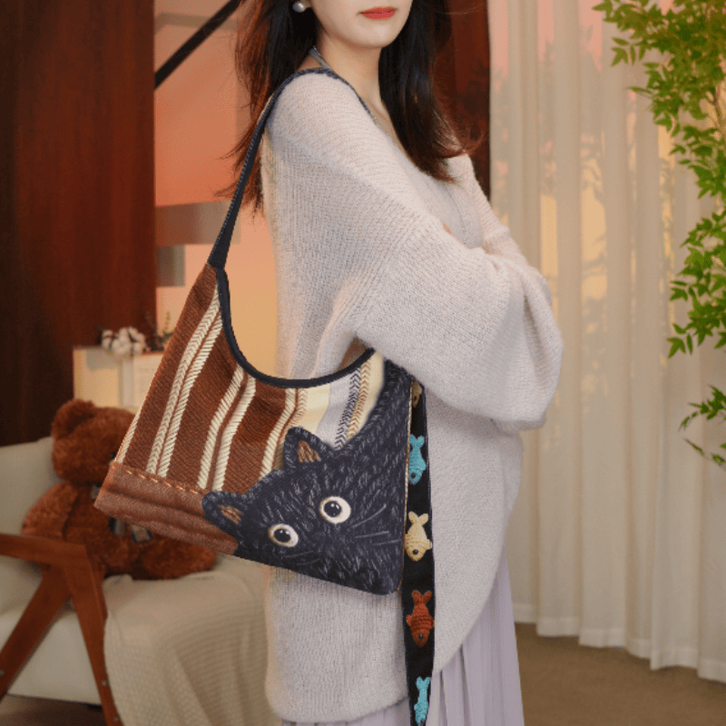 拉链款休闲百搭单肩斜跨通勤风可爱喵影织梦托特包