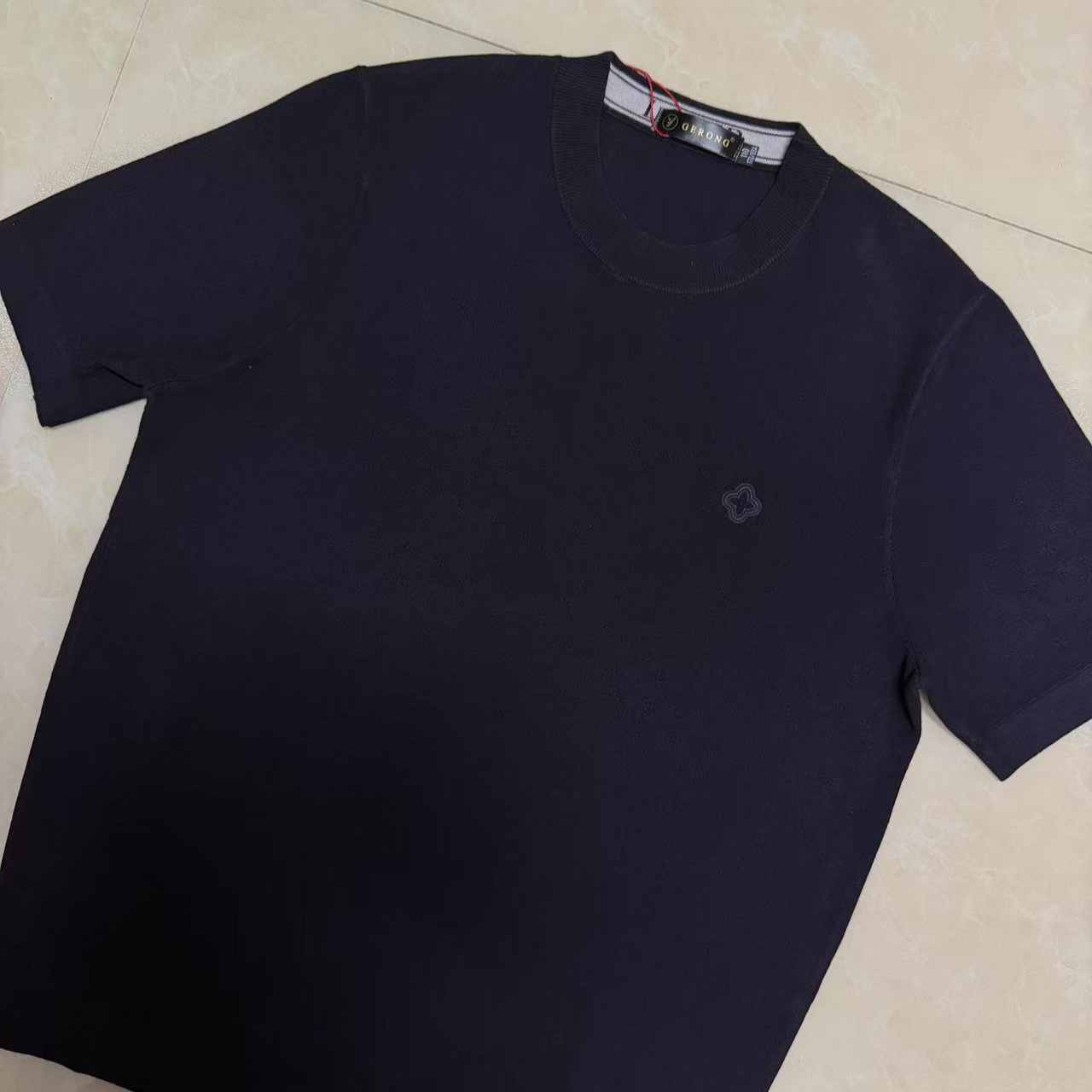 【25760-四叶花小标圆领短袖】男士秋冬针织短袖