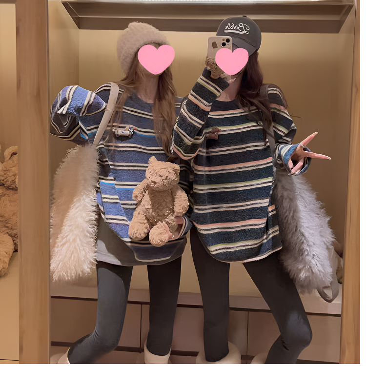2025新款秋冬首尔兔毛绒腊肠狗撞色条纹宽松显瘦慵懒风打底衫7087