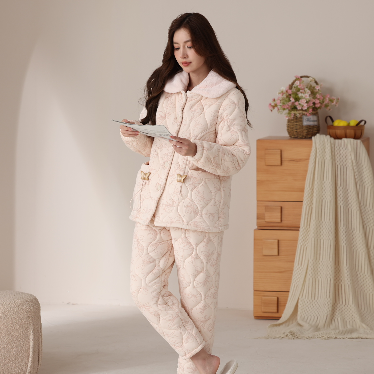 【红粉枫叶】三层夹棉秋冬季加绒加厚睡衣女贵妇冬款家居服翻领套装