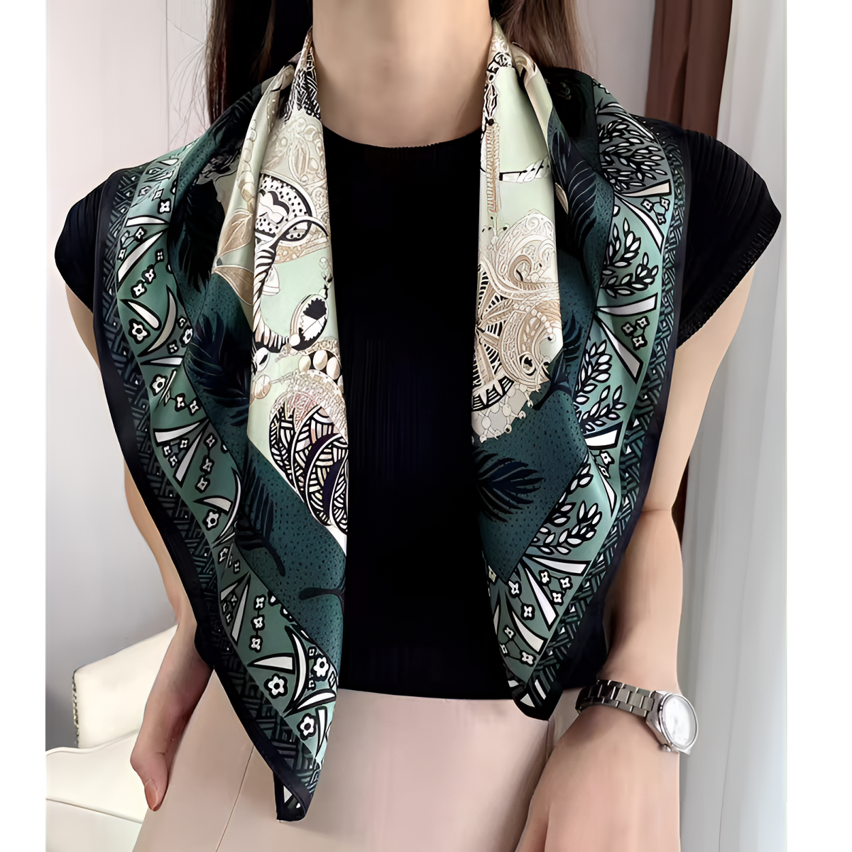 真丝桑蚕丝单面绿色权杖65方巾气质真丝女士丝巾时尚百搭C312