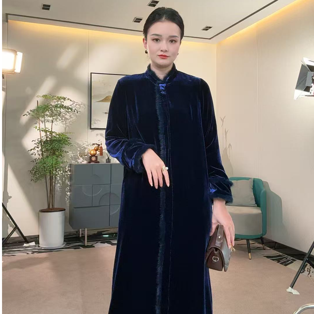 紫蓝色桑蚕丝丝绒长款连衣裙