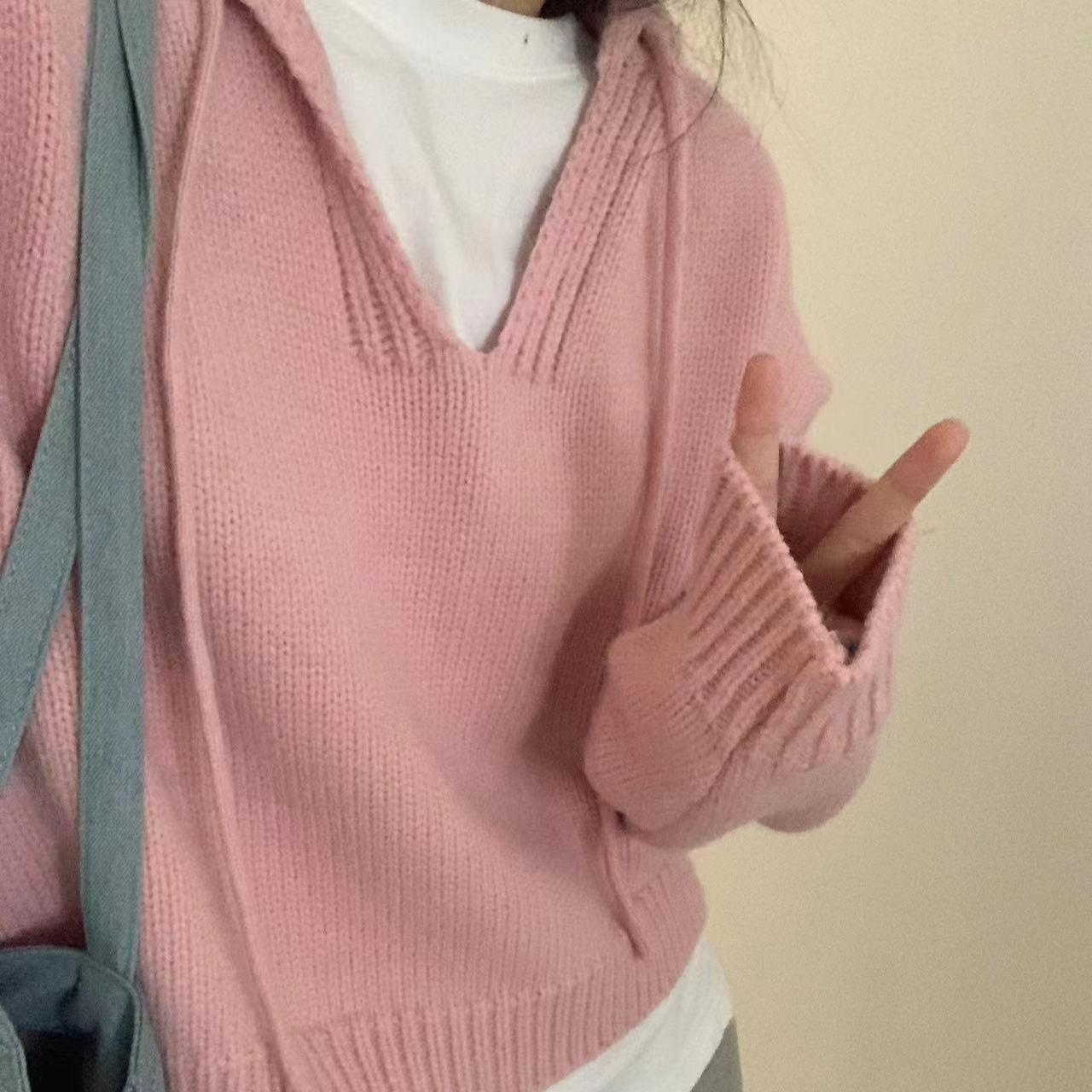 T2018粉色休闲连帽针织卫衣女春秋款百搭慵懒风毛衣