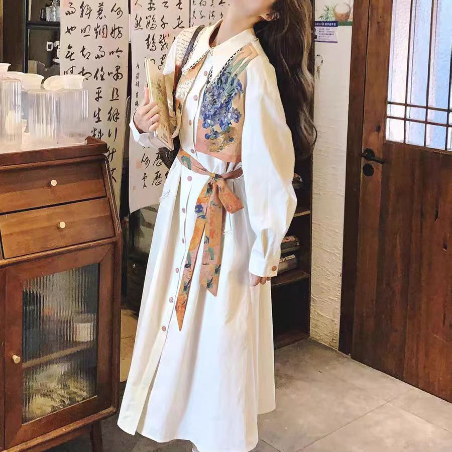 欧式中国风唐装连衣裙复古中长裙长袖女装拼接印花