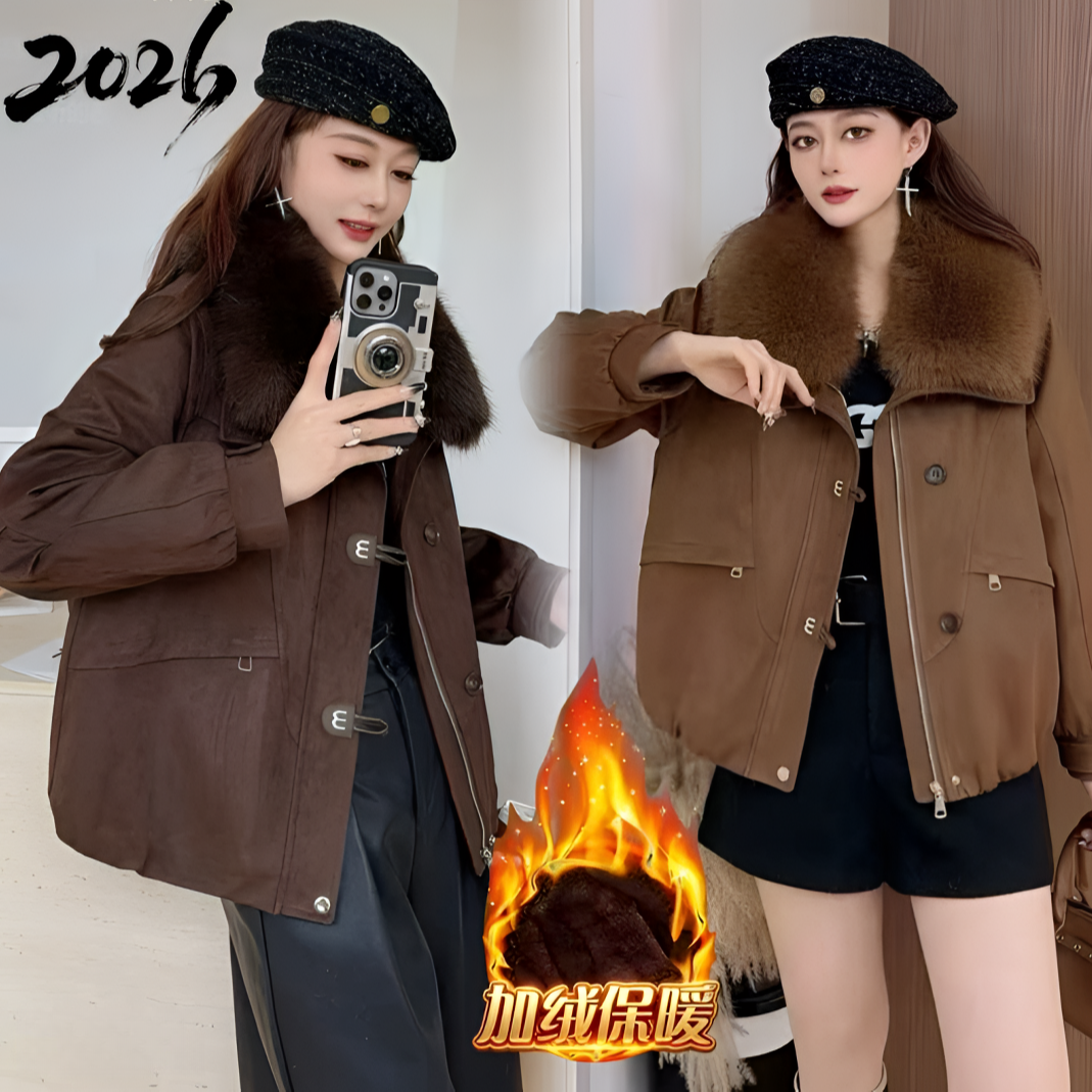 【加绒加厚】2025新款保暖日常百搭宽松可拆卸大毛领女装上衣882