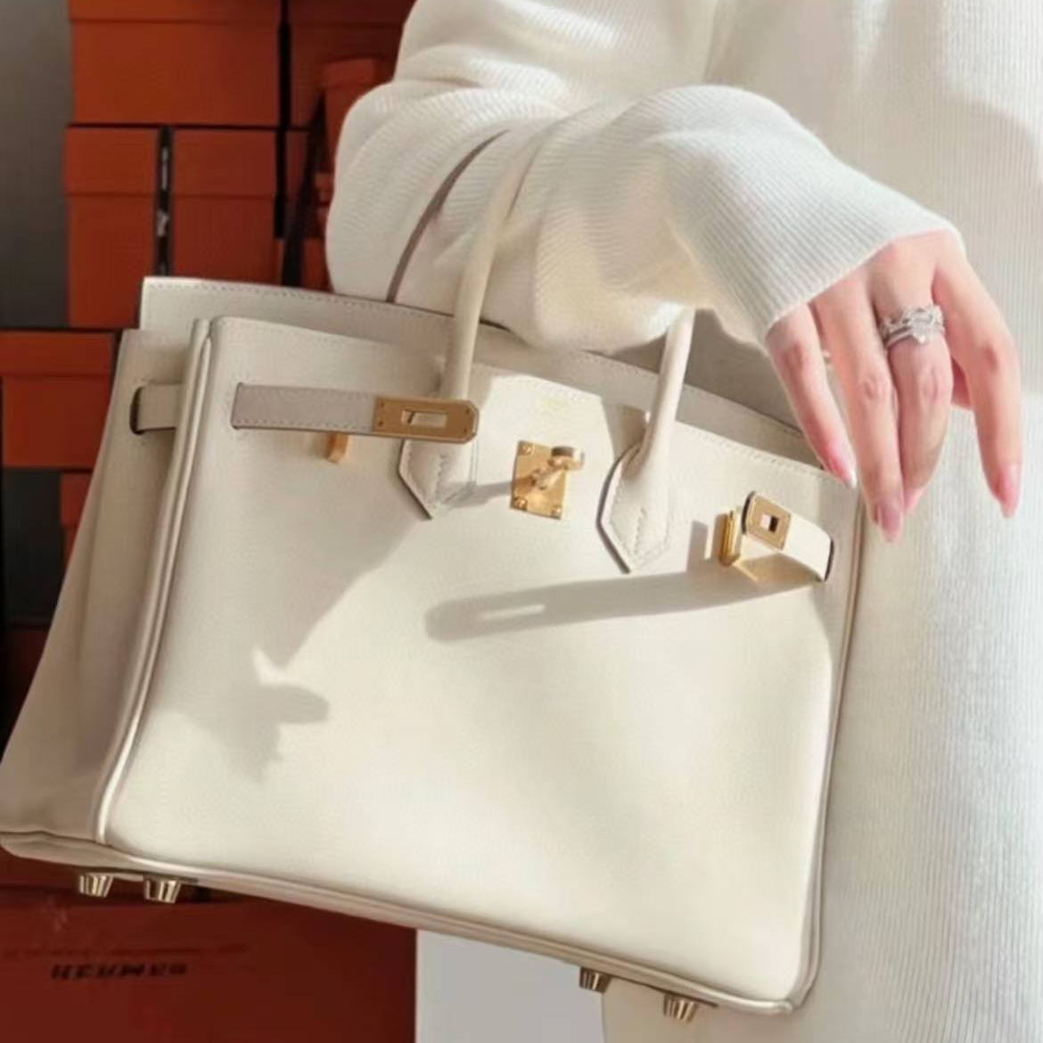 99新 Hermes/爱马仕 蔚蓝/Birkin25 奶昔白金扣 Swift皮 X刻