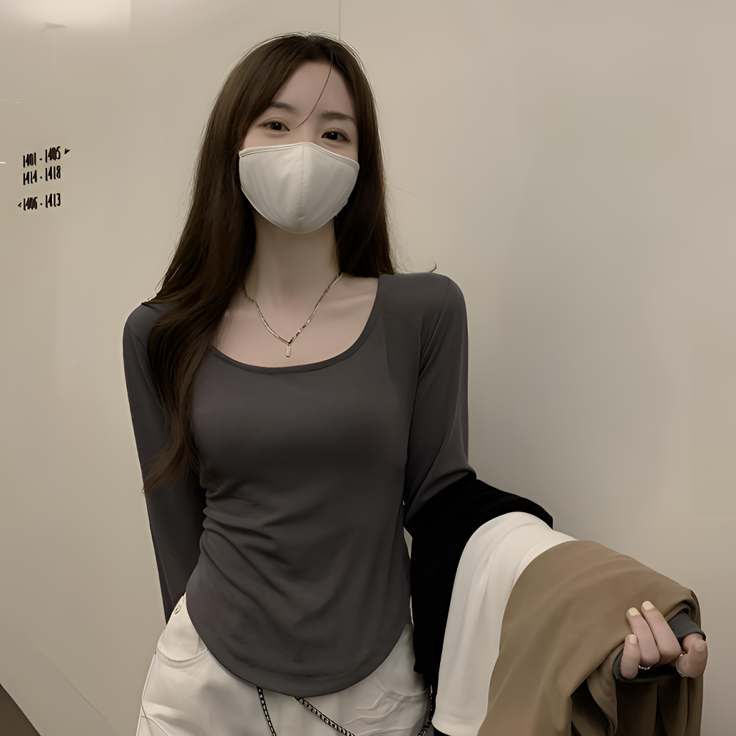 t恤女装春秋方领纯欲紧身开叉内搭打底衫2025年新款灰色长袖上衣
