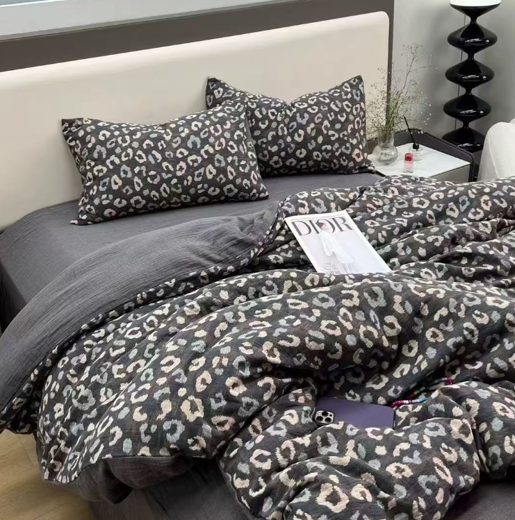 森柚【黑金豹纹】200*230cmA类全棉加大色织双层纱提花双人被子