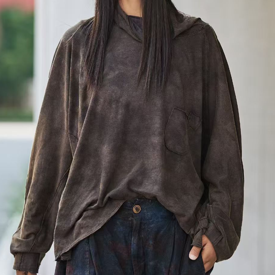 原创麻依者棉麻混纺纯色斑驳做旧高领衫体恤2025秋1346A【新款】