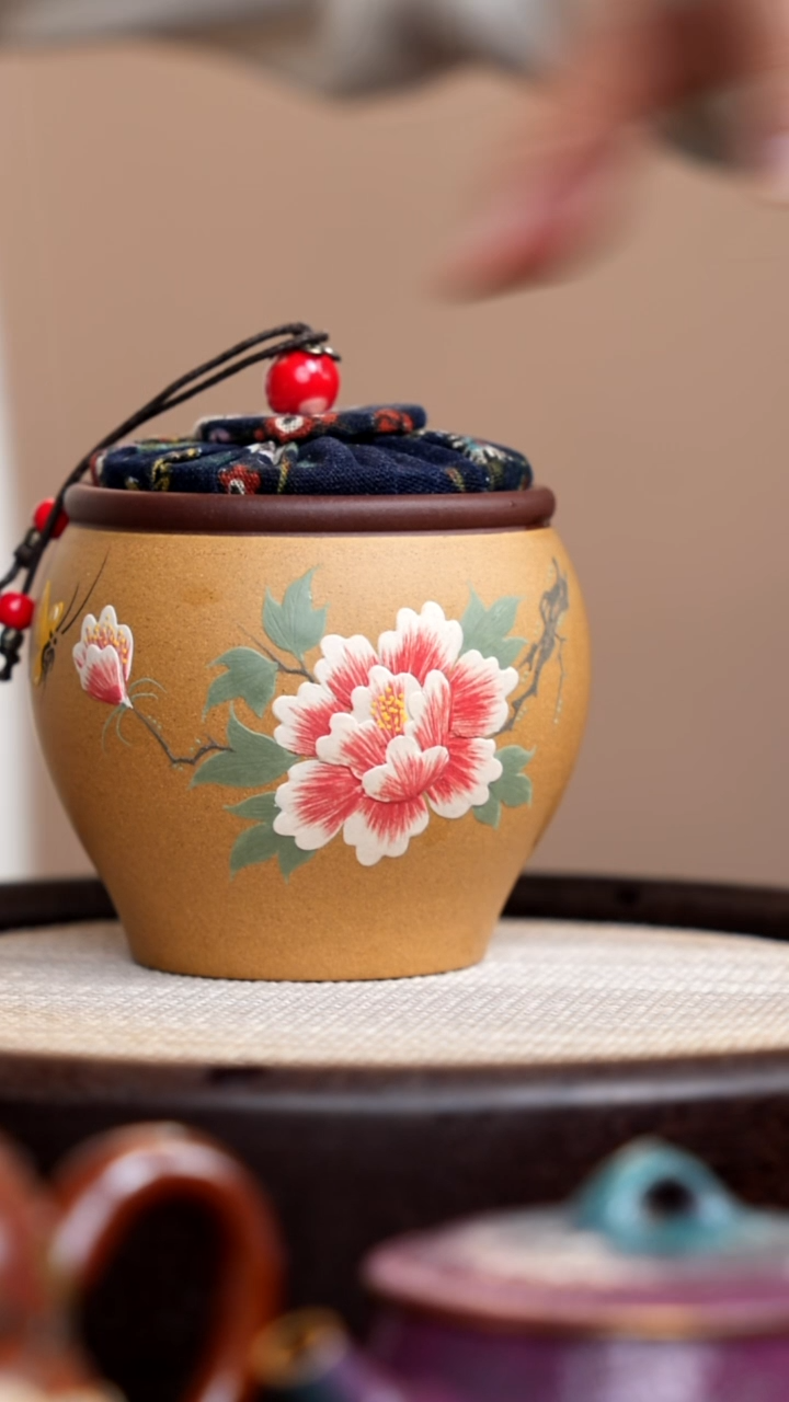 茶壶紫砂黄金段粉浆大肚小茶罐牡丹