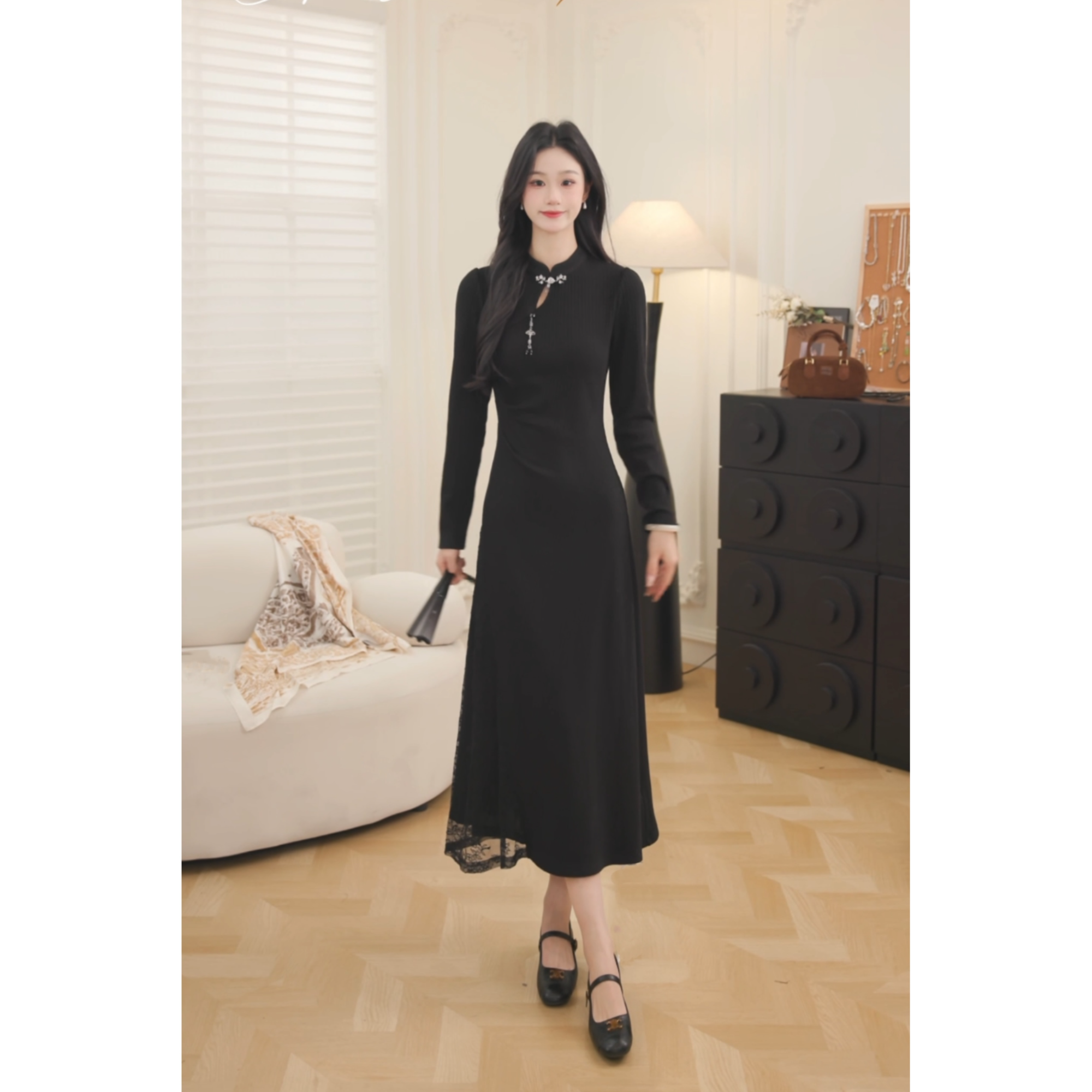 鹿向南【墨山云烟】2025年新中式修身连衣裙女显瘦穿搭裙QJD00554
