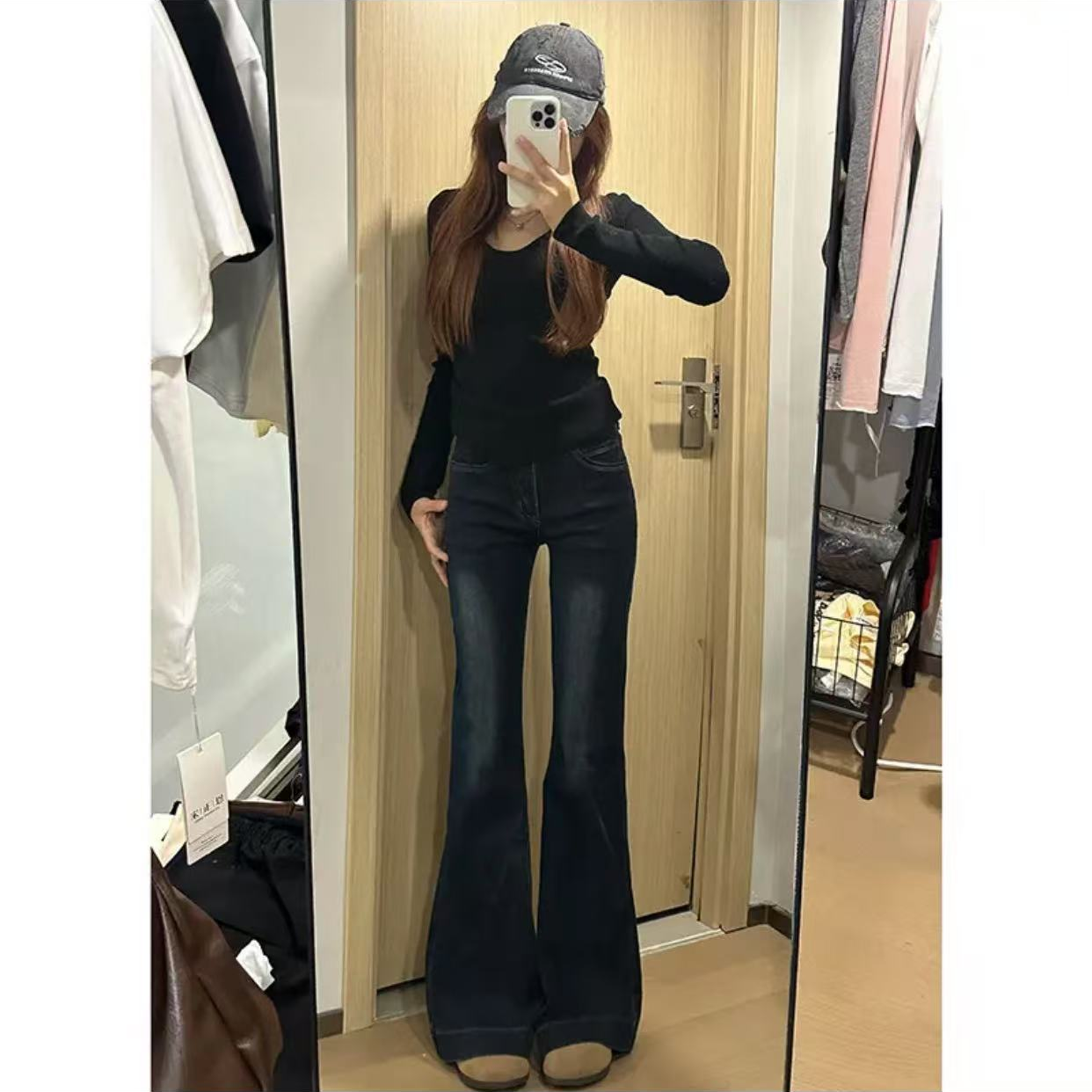 qpzs蓝灰色微喇牛仔裤女中低腰2025春季新款显瘦长裤蛮腰纪xs