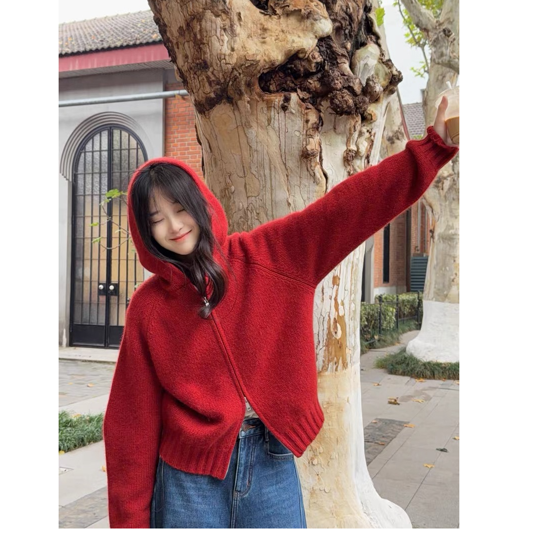 韩系慵懒双拉链针织连帽衫