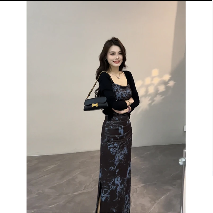 20205新款高级感墨染复古修身连衣裙开叉包臀新款吊带长裙