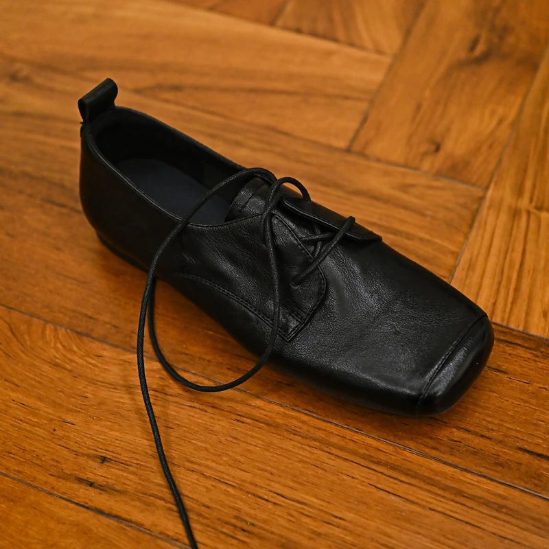 真皮软底系带方头平跟防滑透气平底乐福鞋2025秋冬新款黑色小皮鞋
