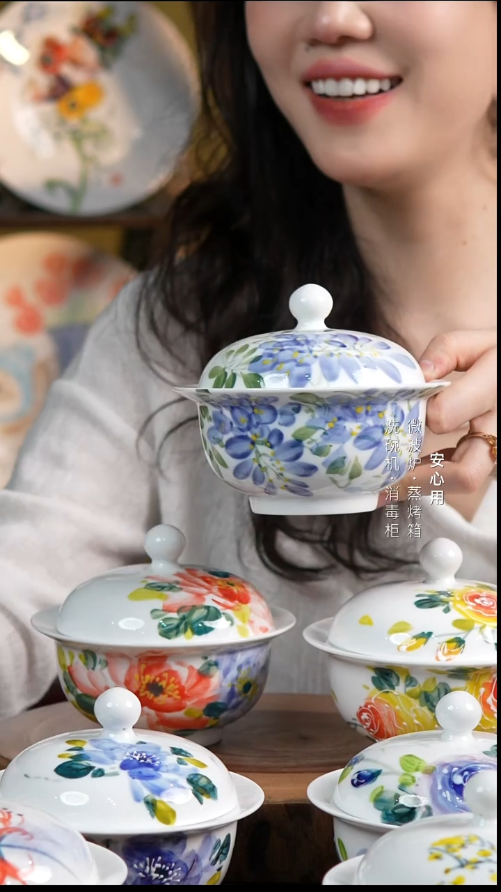 瓷景德镇高温手绘釉下彩300CC苹果炖盅紫藤花