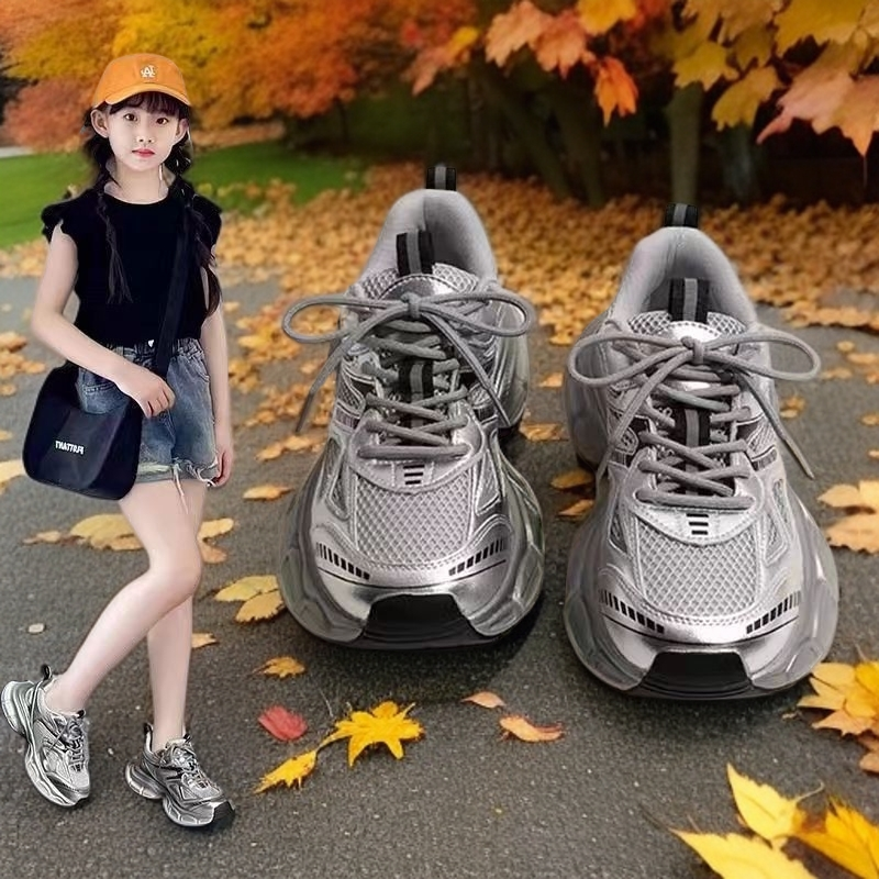女童运动鞋银色儿童老爹鞋2025新款秋季女孩透气休闲鞋网面跑步鞋