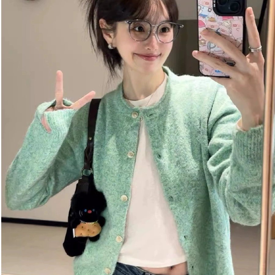 薄荷绿温柔系圆领开衫毛衣春秋新款韩版百搭卷边外穿内搭上衣外套