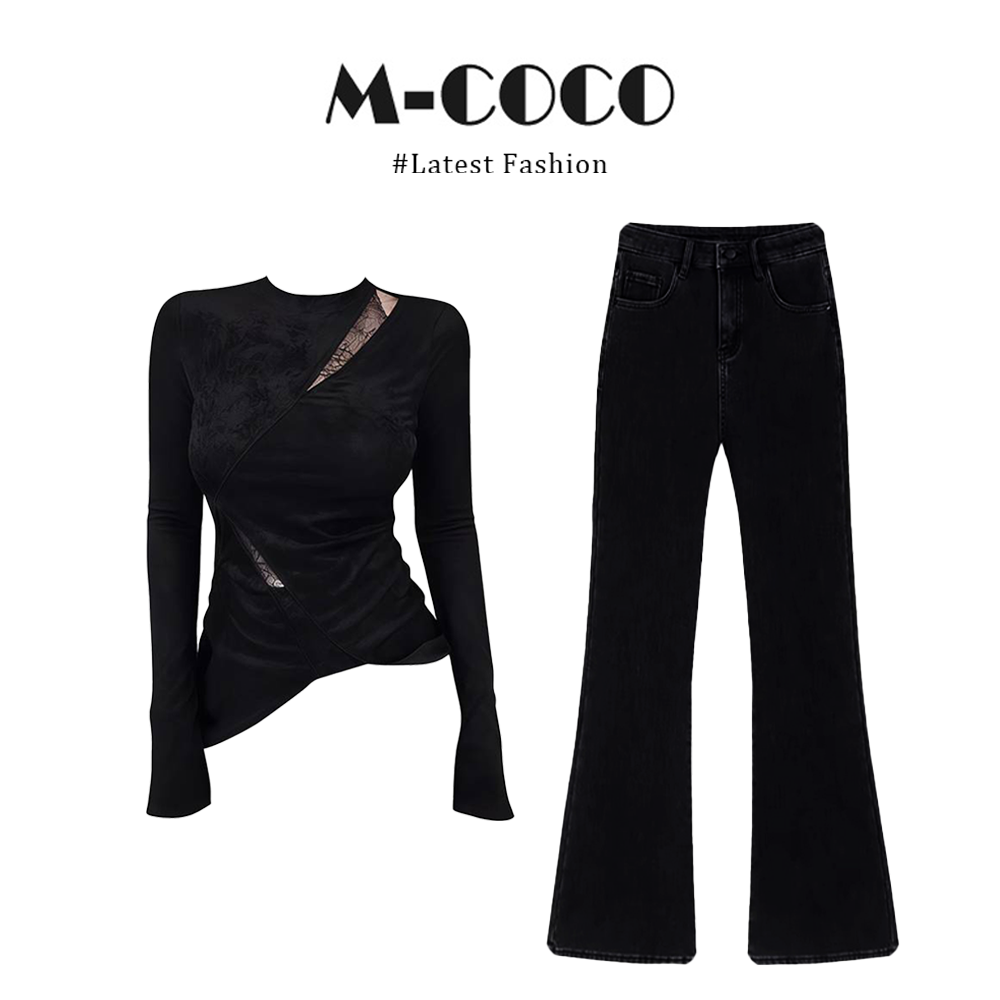 INS CEC黑色拼接不规则蕾丝T恤女秋冬圆领套头显瘦气质上衣女