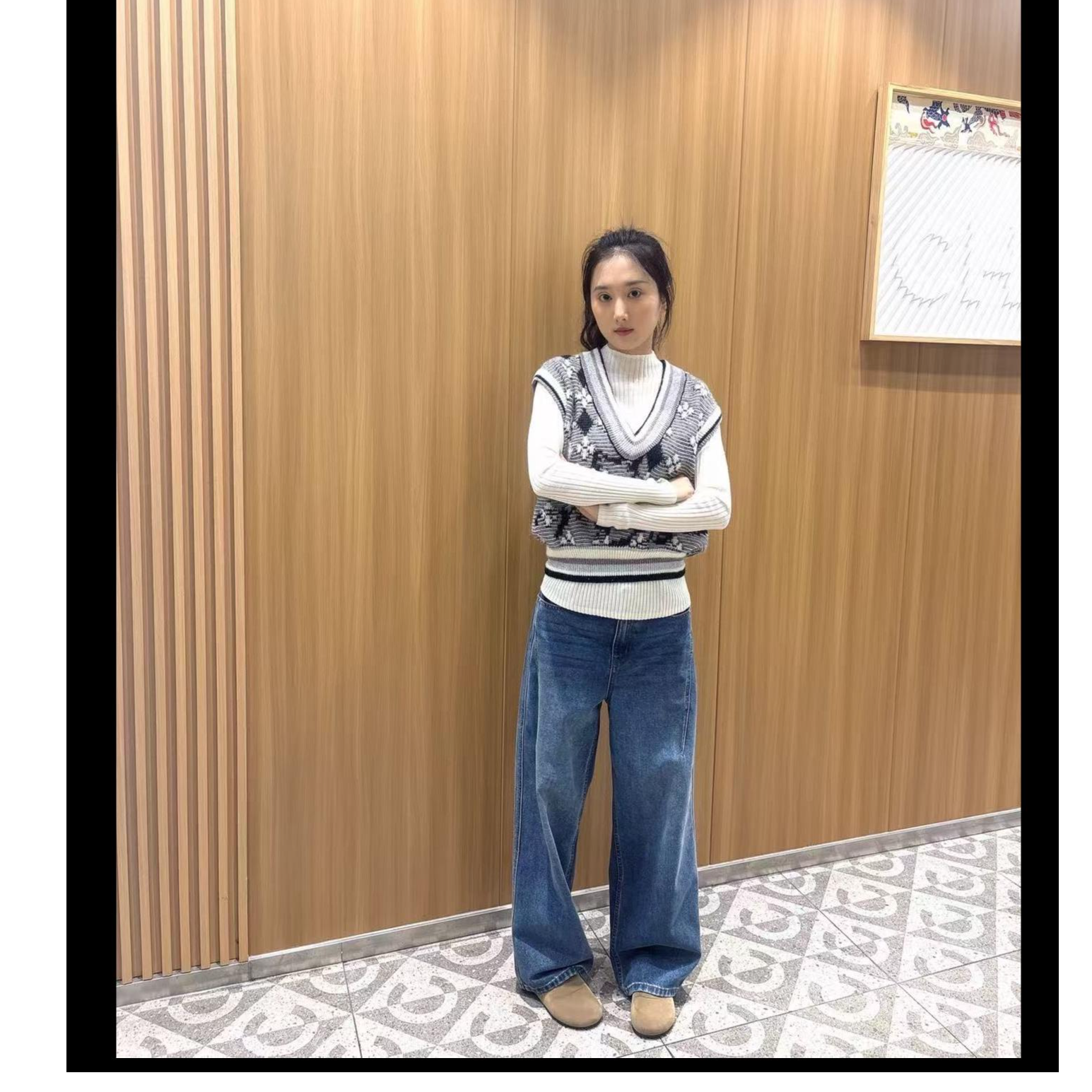 LUDICO高级百搭弯刀加绒浅蓝牛仔裤时尚蓝色阔腿0038休闲宽松