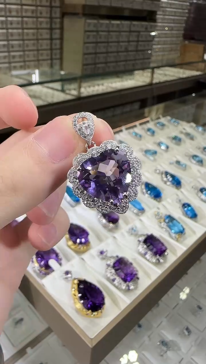 颈饰银S925镶嵌紫晶14mm吊坠