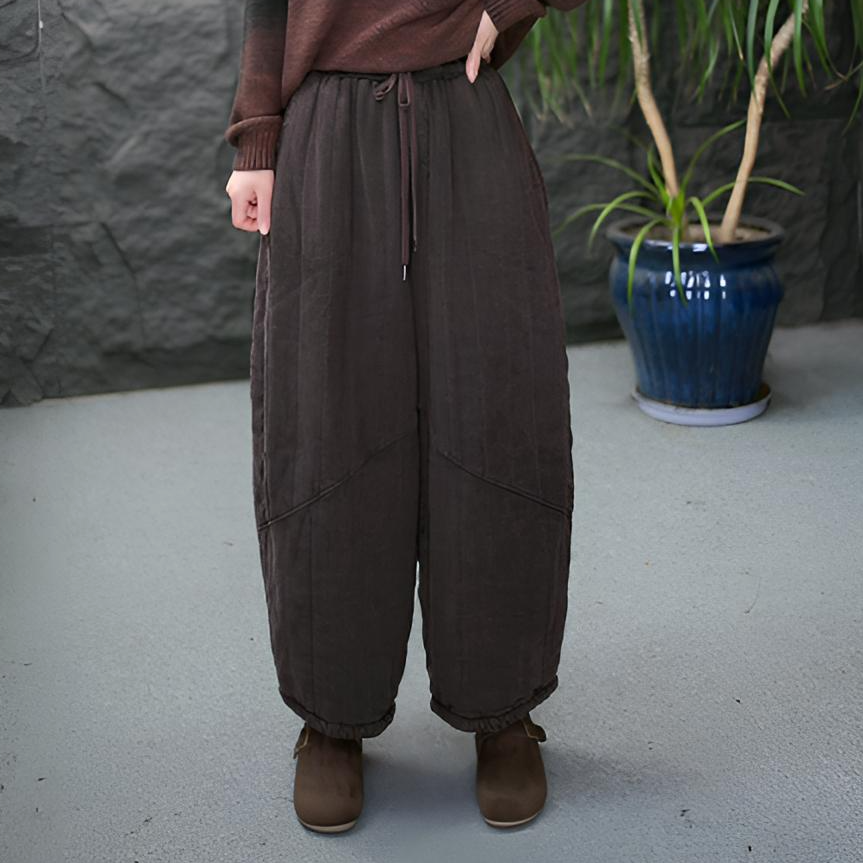 【亚麻冬季保暖棉裤】FF松紧腰休闲裤复古纯色妈妈装冬季加厚裤子女