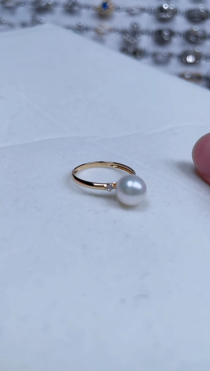【闪购商品】海水珍珠戒指18K金镶嵌18K金 简单单钻款珍珠戒指