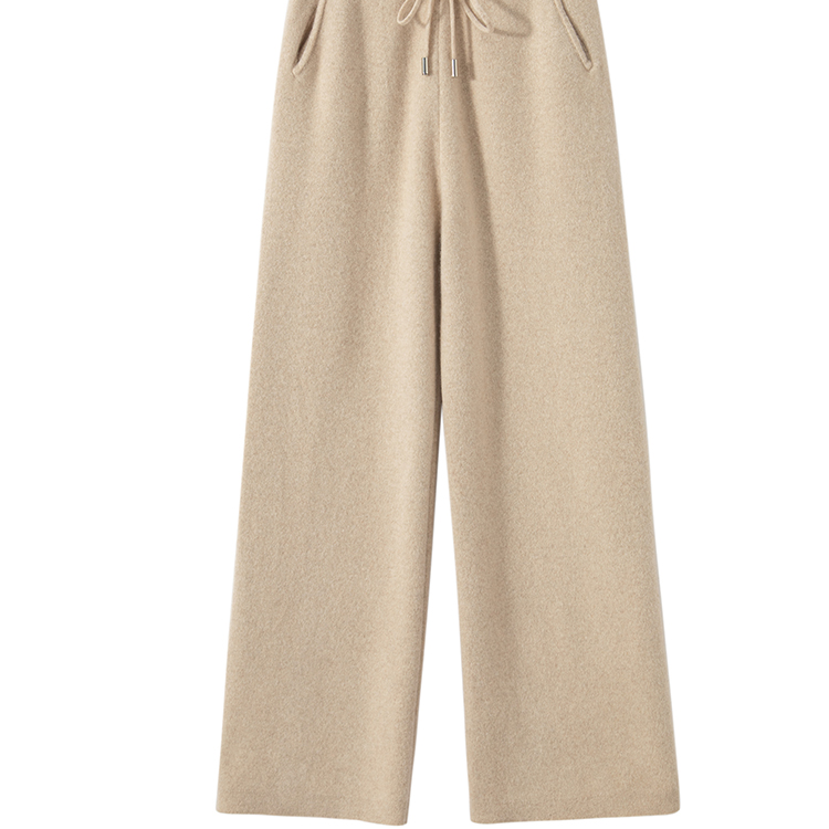 七针双股加厚垂感十足~100%山羊绒阔腿裤女高腰带兜针织直筒裤