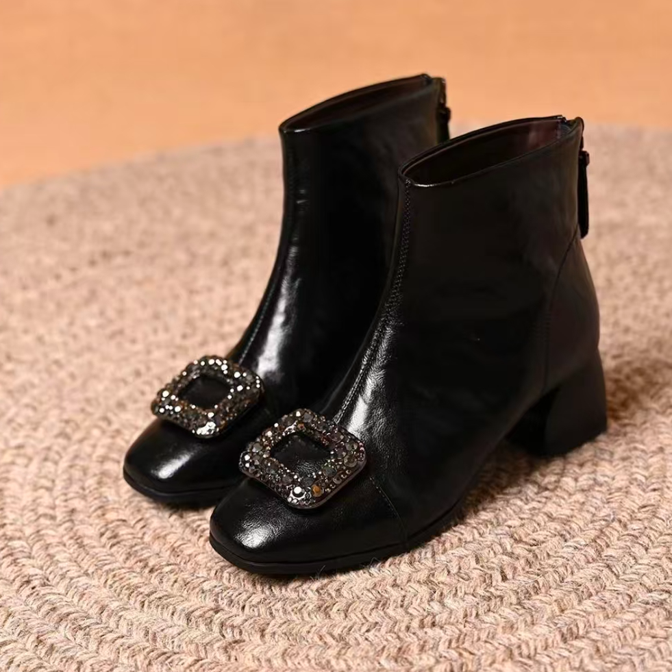 法式水钻方扣小短靴女2025秋冬新款气质百搭方头后拉链中跟