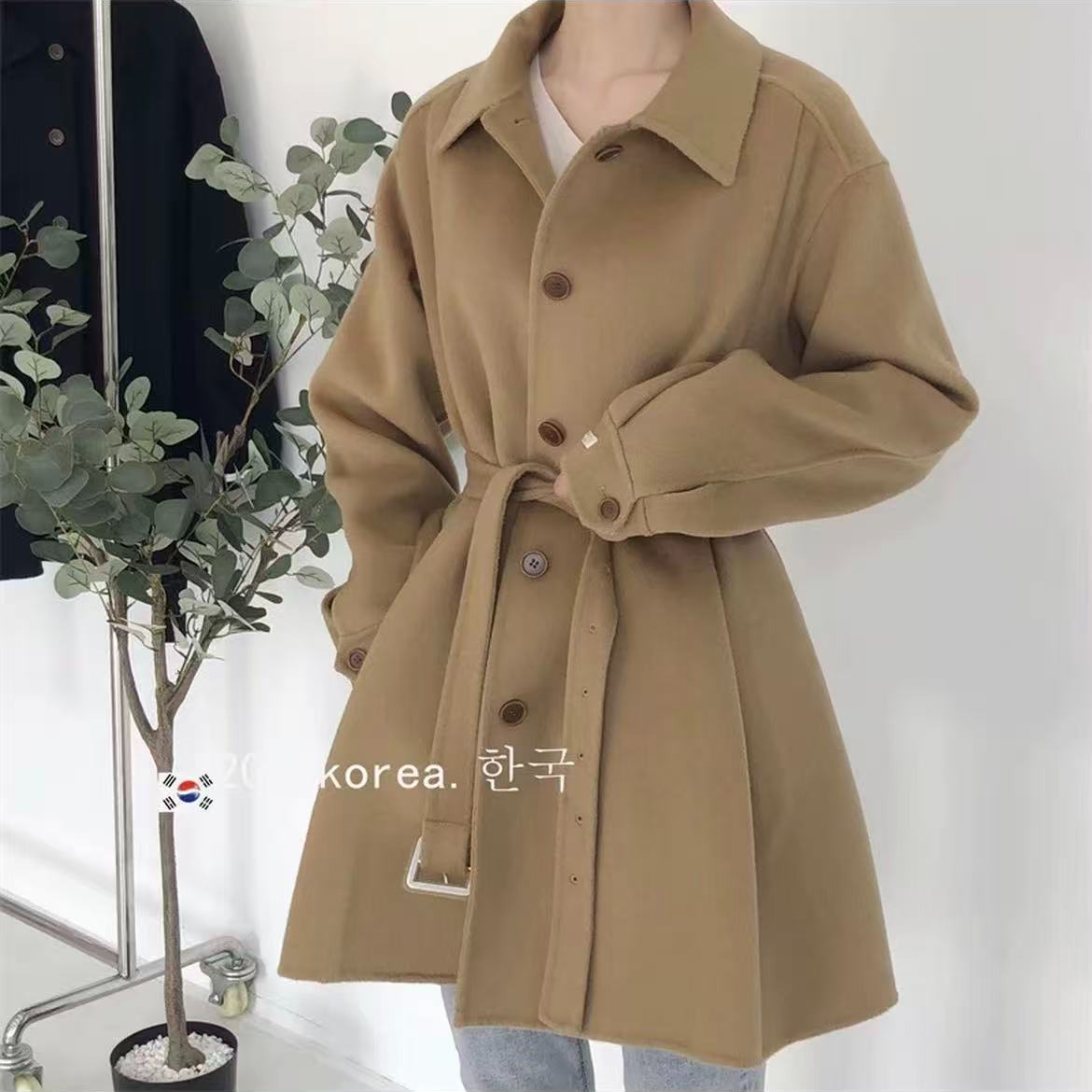 21006【衣长82】双面羊绒大衣女小个子中长款韩版A型衬衫袖毛呢外套