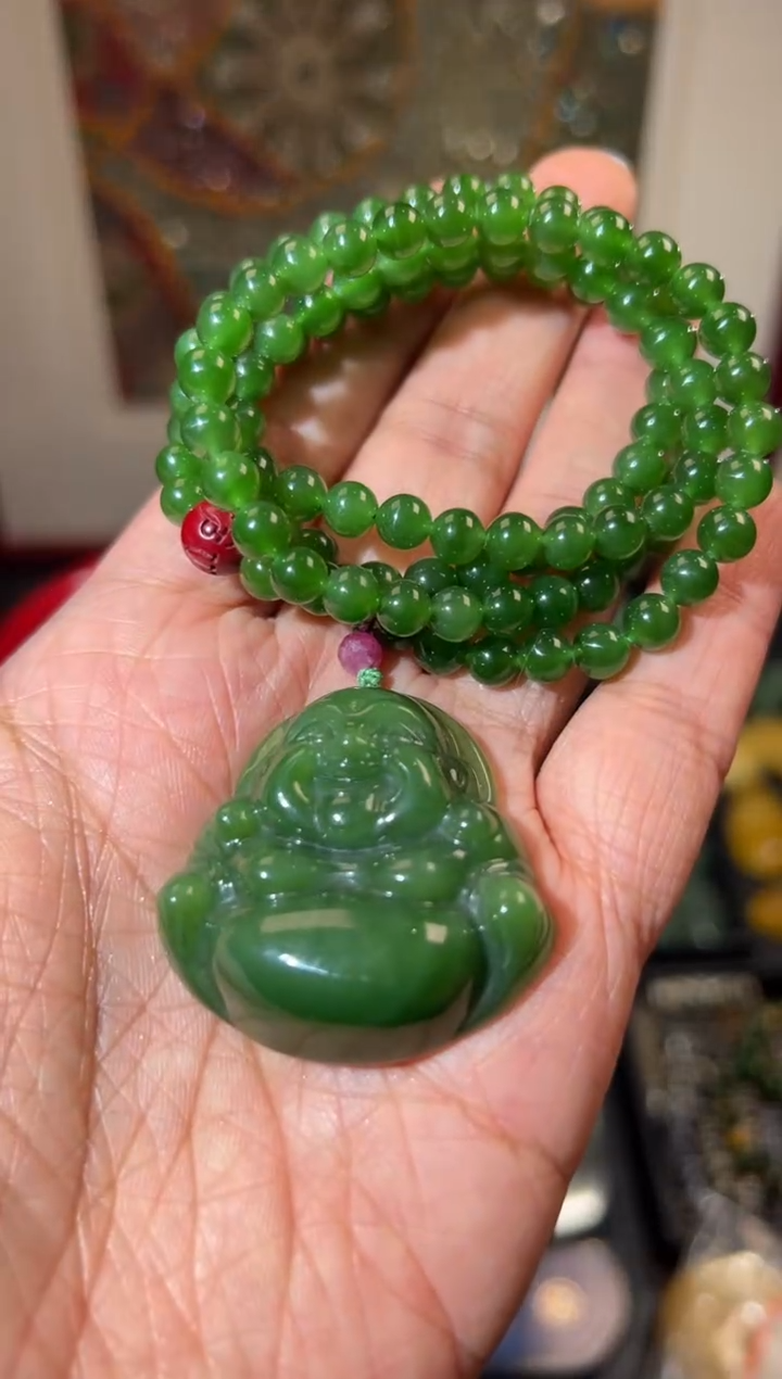 【闪购商品】和田玉吊坠(赠链)未镶嵌阳绿佛公（珠链6mm）