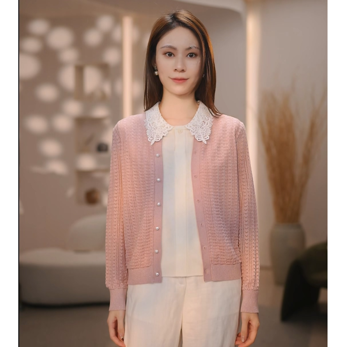 圆领2025春秋新款精致女人肌理感开衫长袖气质针织薄款