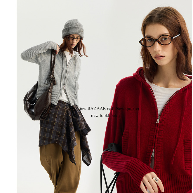BAZAAR RED芭莎红 保暖羊毛百搭休闲双头拉链抽绳针织开衫3363
