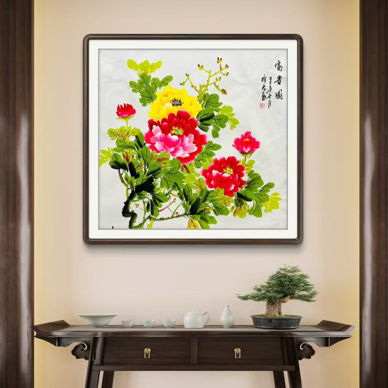 《富贵图》纯手绘宣纸国画斗方牡丹适合餐厅客厅玄关装饰挂画