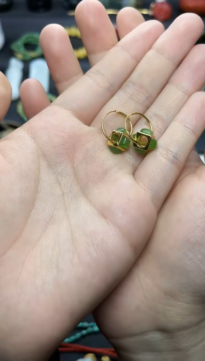 银S925镶嵌和田玉耳饰方糖耳扣06