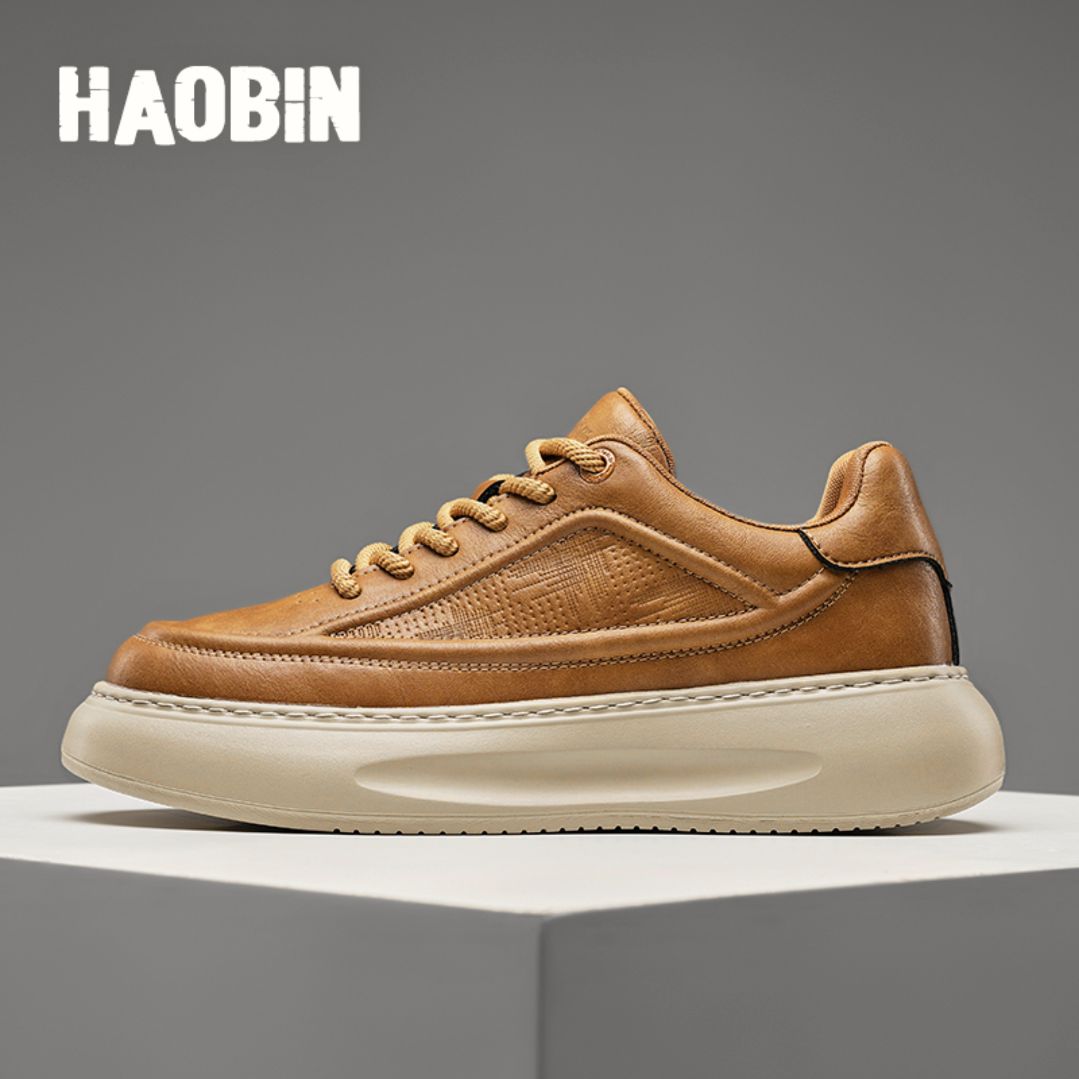 浩宾男鞋2025新款秋冬季皮面休闲运动板鞋男厚底耐磨增高小白潮鞋