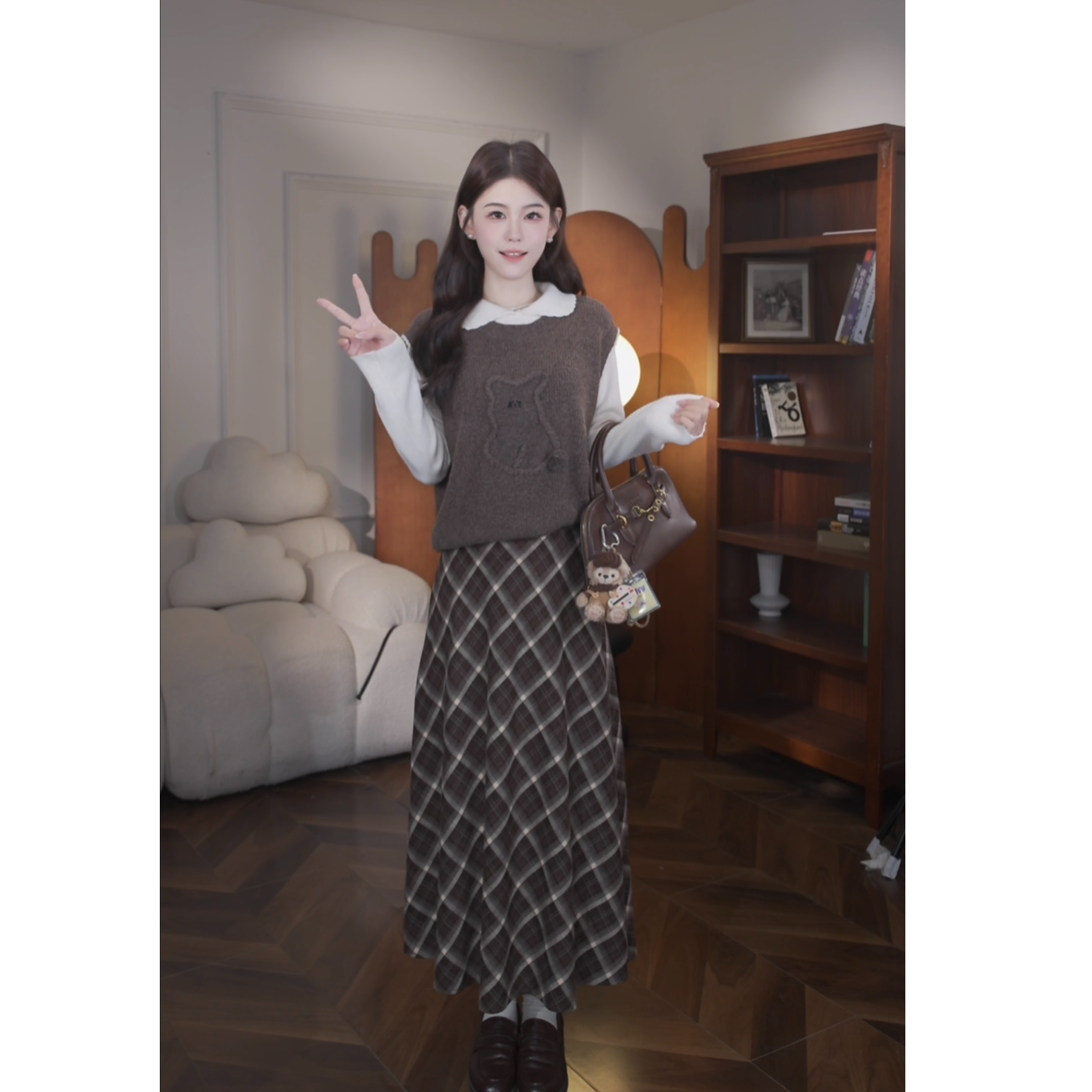 鹿向南【绵绵暖棕】秋冬新款假两件咖色背心毛衣女显瘦上衣套装