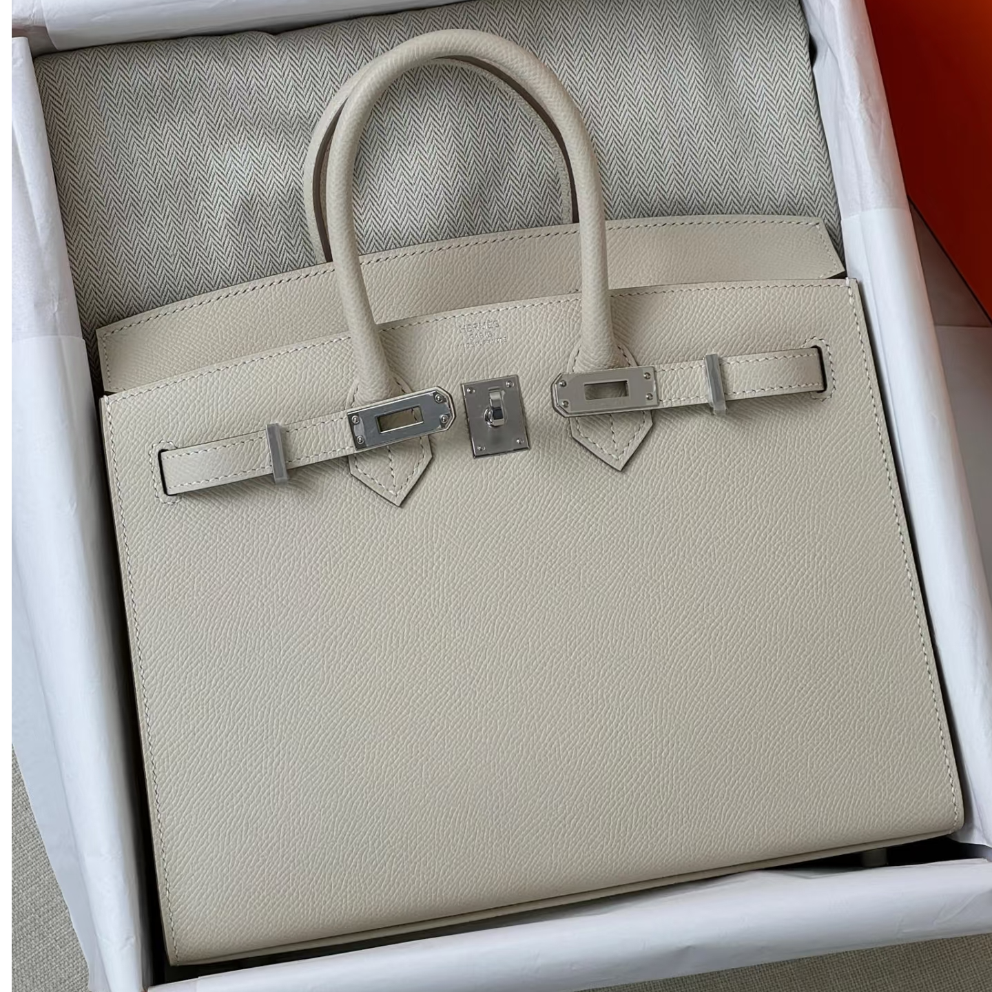 99新 Hermes/爱马仕 birkin25奶昔白银扣e皮外缝W刻锁具尘袋小票
