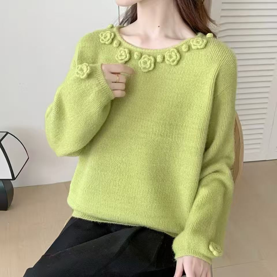 欧货小众设计感针织百搭不起球毛针织衫宽松圆领女INS风加厚花朵