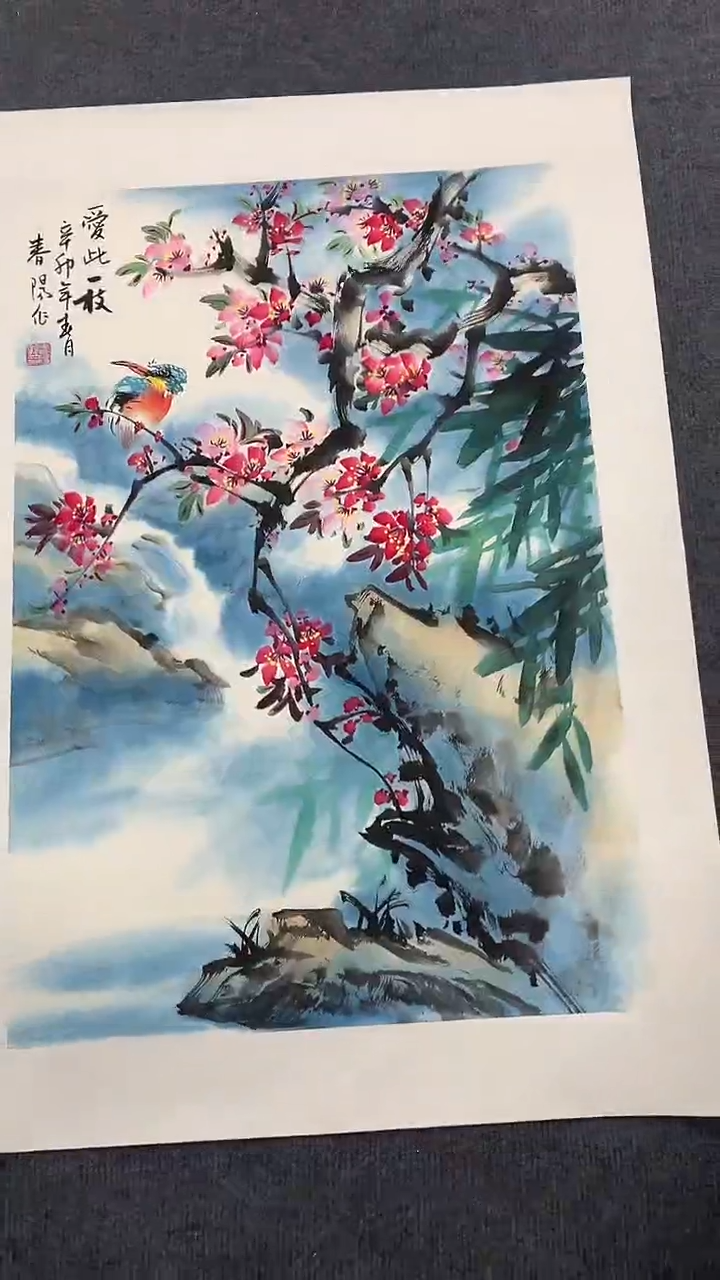 竖款精品开三花鸟，爱此