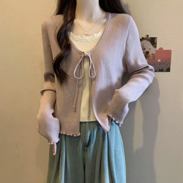 （W705）大码胖MM蕾丝花边系带假两件针织衫女秋季新款设计感上衣