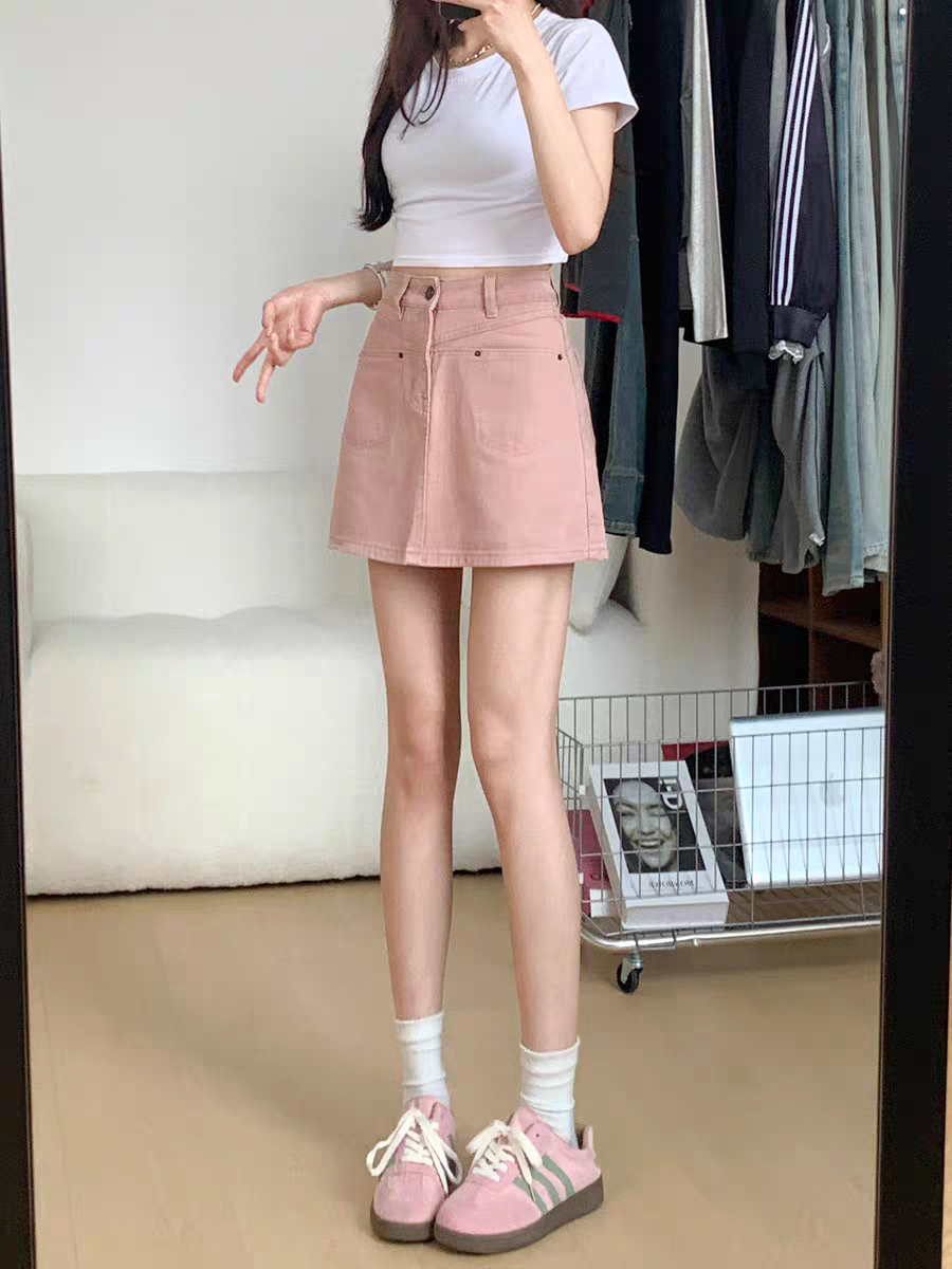 粉色牛仔半身裙女2025新款夏季高腰a字防走光包臀裙