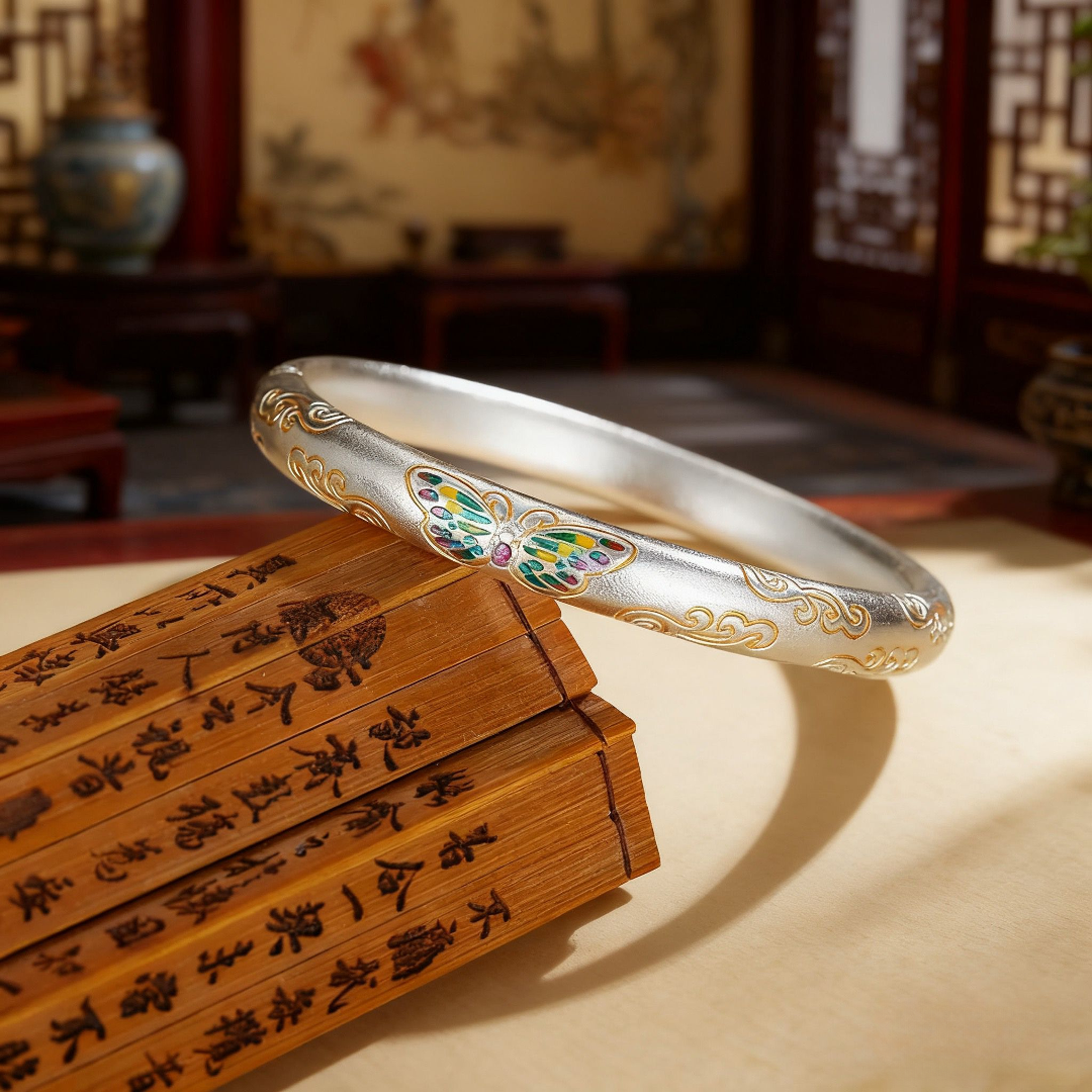 999.9 银【02】蝴蝶珐琅彩镯女描金祥云镯子新中式送礼女友礼物