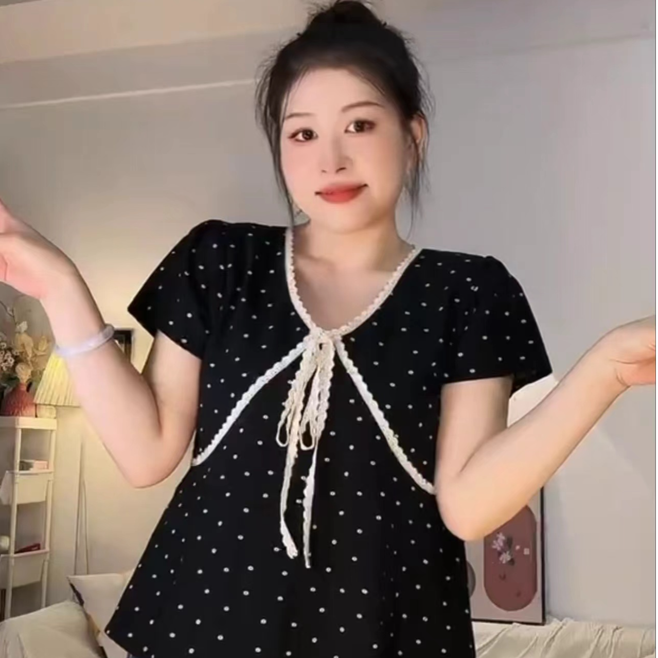 正肩版-微胖女装设计感蕾丝边V领系带短袖韩版宽松显瘦T恤上衣女