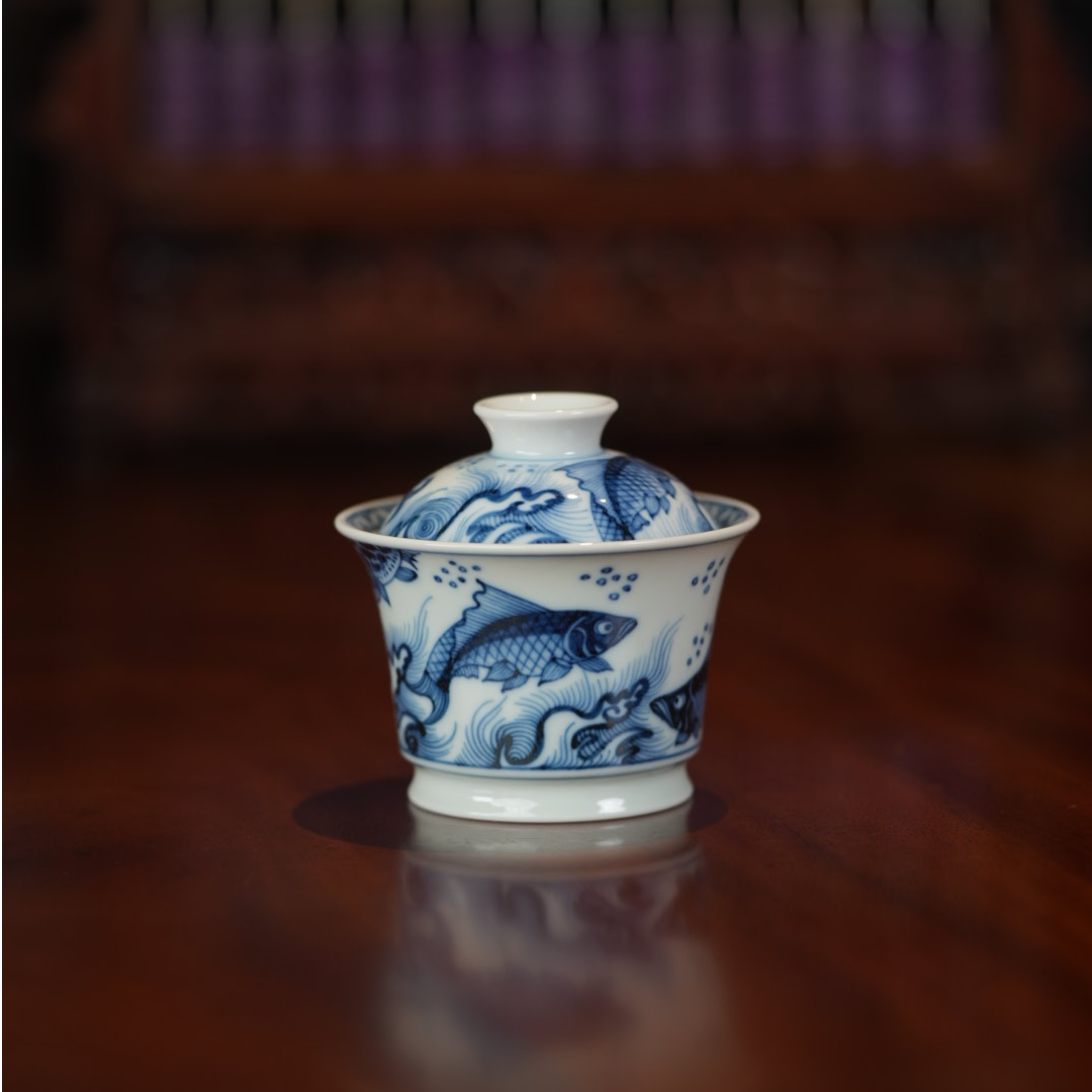 【此木柴窑】青花系列 景德镇手工手绘 柴窑 鱼藻纹 盖碗 201