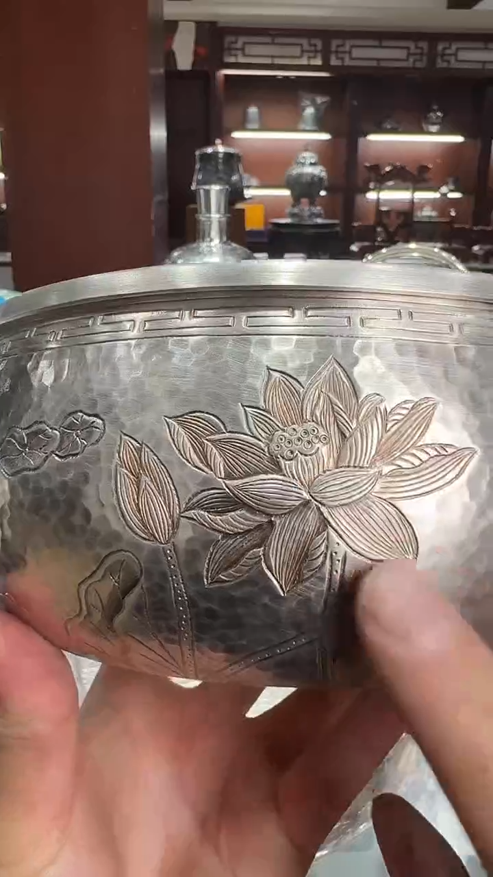 晓*足银手工精工鱼戏莲花荷花壶承