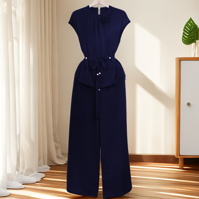 时尚优雅冰丝套装女2025年夏季新款显瘦短袖上衣阔腿裤两件套