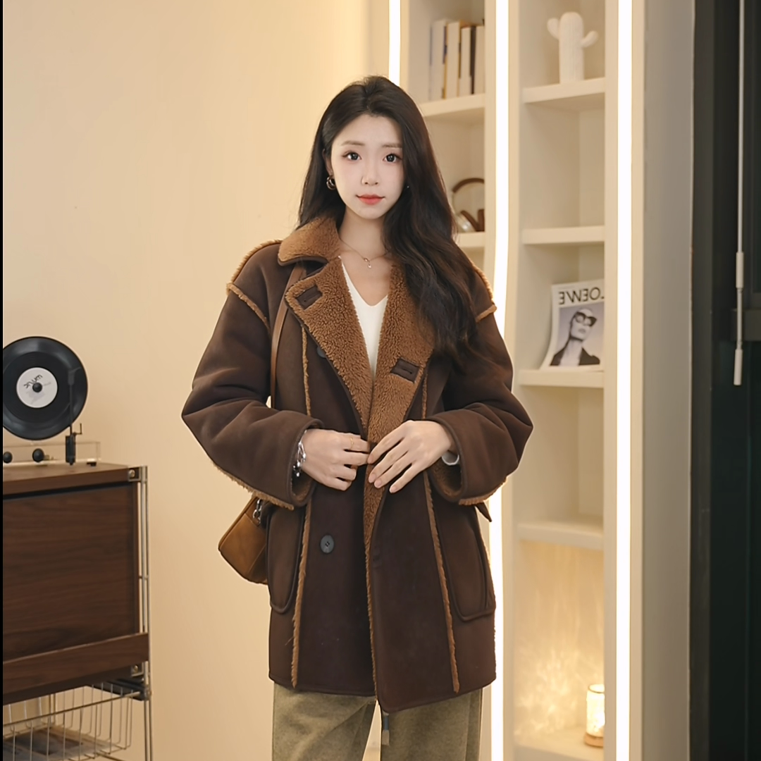 琥珀流光秋冬法式颗粒感时尚羊毛外套两面穿翻领撞色中长款女拼接