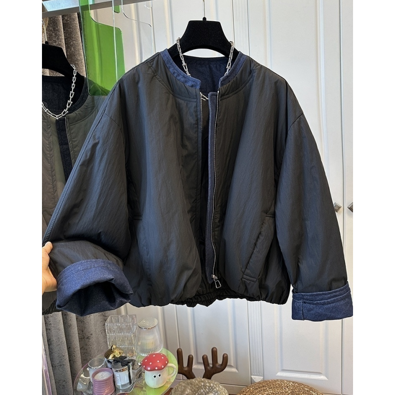 P0580今年流行牛仔拼接纯色宽松圆领棉服女宽松外套拉链慵懒秋装
