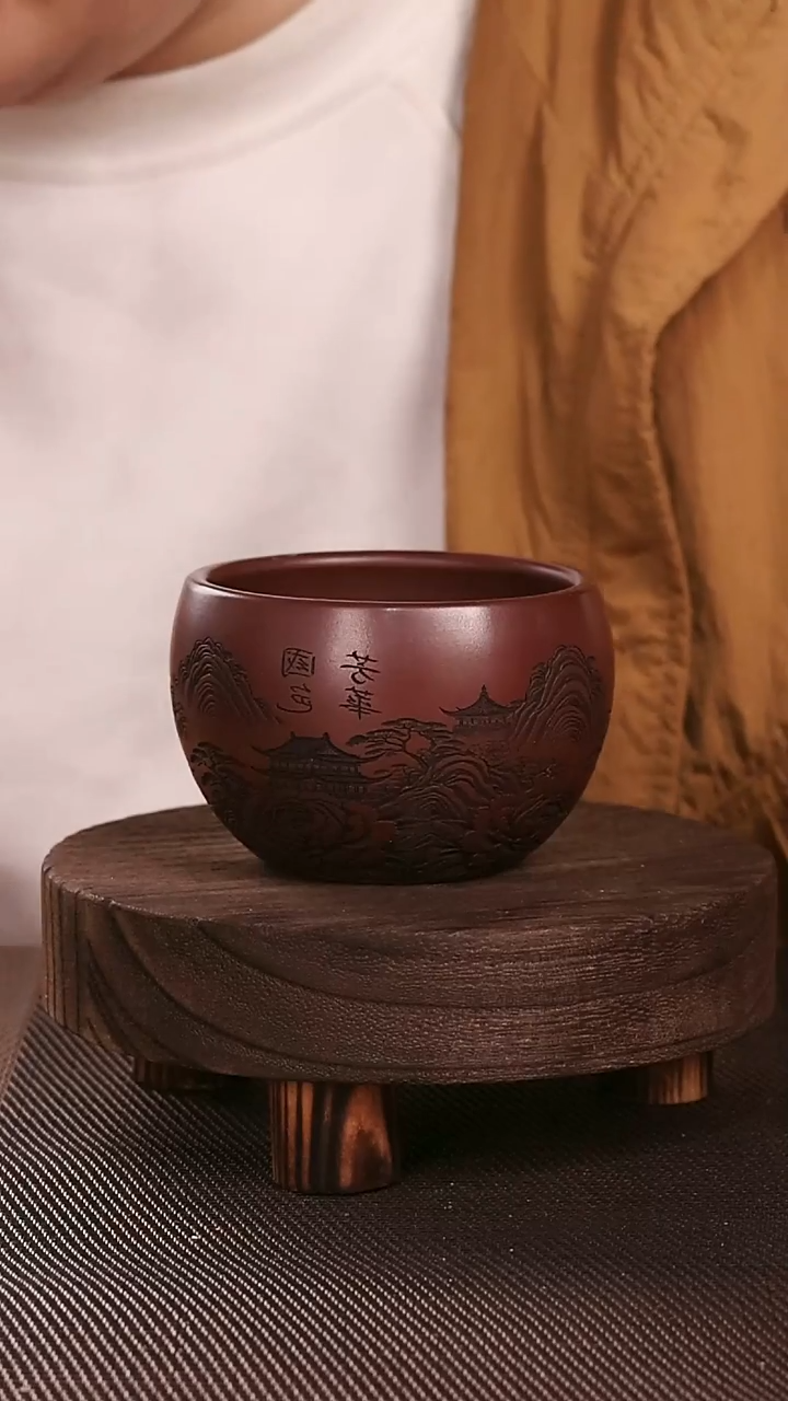 茶杯紫砂国色芳华紫砂纯手工刻绘主人杯180CC